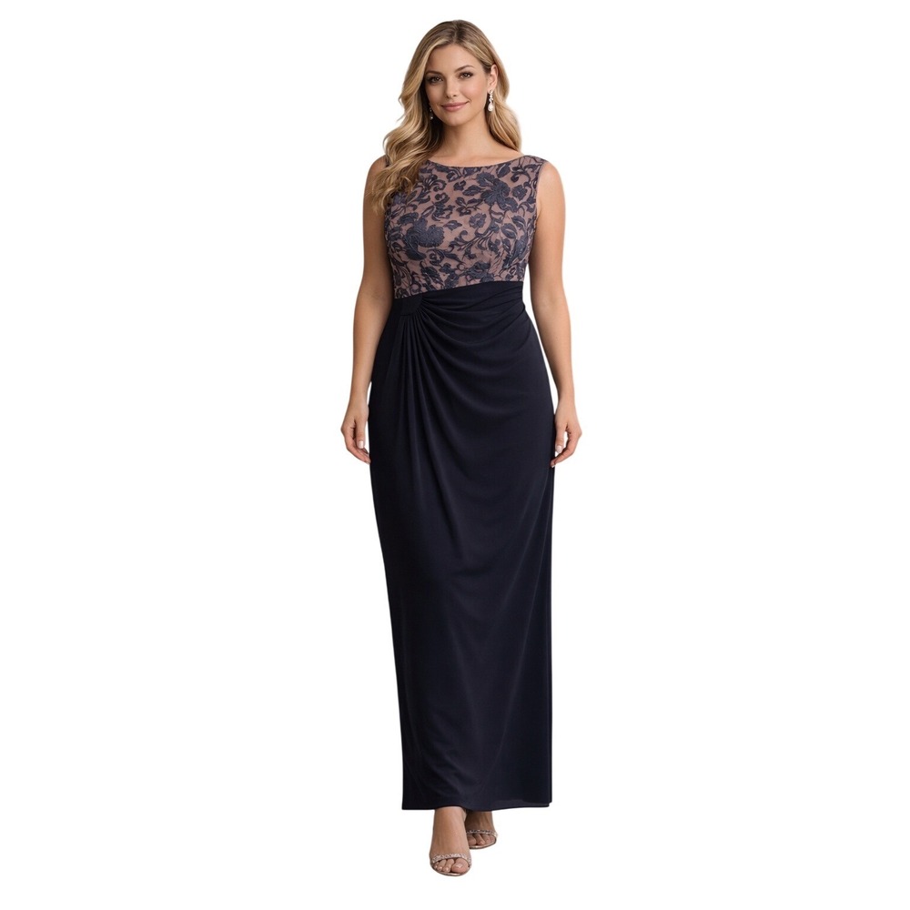 Connected Apparel Navy Blue Mauve Lace Embroidered Maxi Gown Dress Size 14